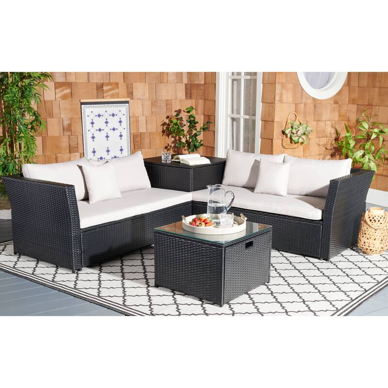 SAFAVIEH Helga Outdoor 4-Piece Conversation Patio Set with Storage - 57"W x 31"D x 26"H