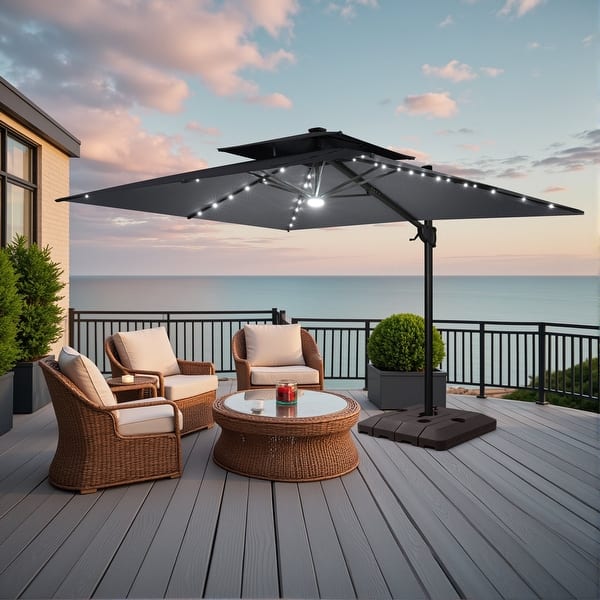 11 lighted patio umbrella Yescom 11FT 3 Tier UV70+ Solar Powered LED with Crank Tilt The Aluminum Cantilever Umbrella features a double 11' Blue Sunbrella Octagonal Lighted
