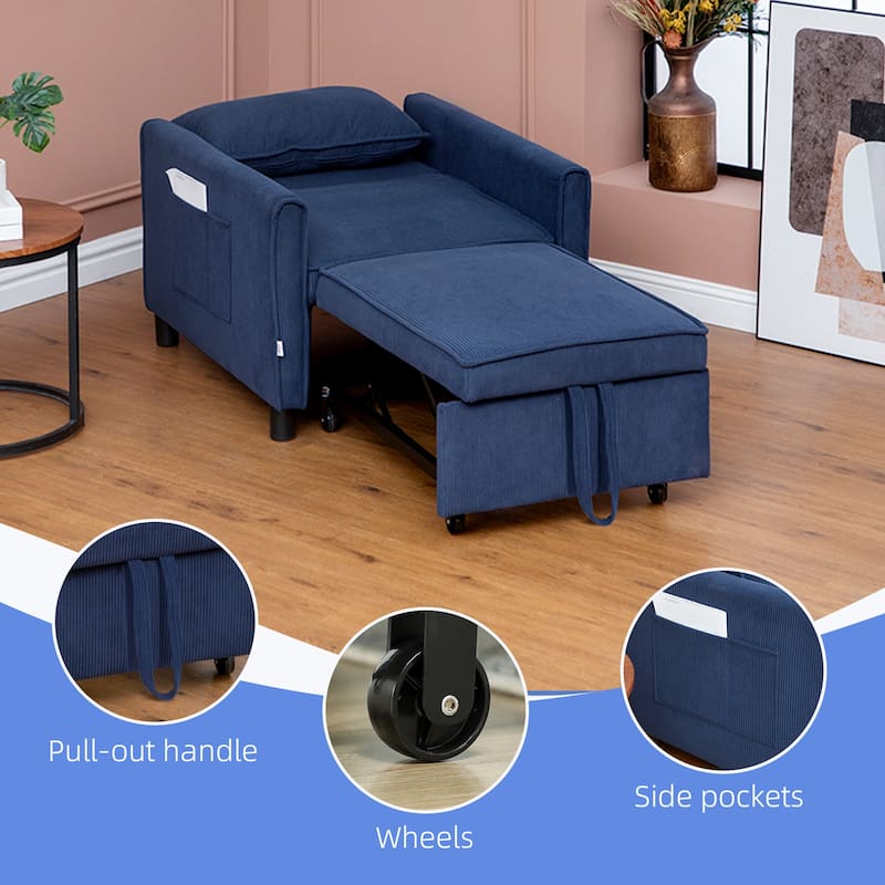 Blue Corduroy Chair Bed 3 in 1 Convertible Recliner Lounge Chair Sofa Bed with Padded Mattress and Pillow