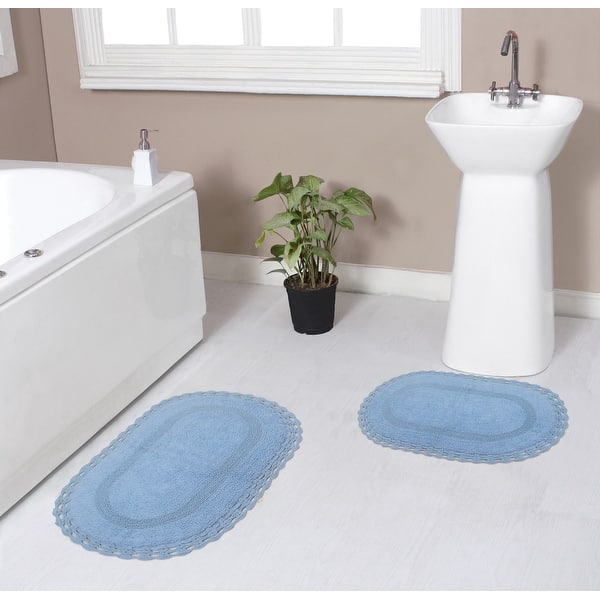 Hampton Crochet Bathmat 100% Cotton Bath Carpet Non-Slip 2 Piece Bath Carpet set, Bathroom Rug- 17"x24", Bath Rug- 21"x34" - Blue