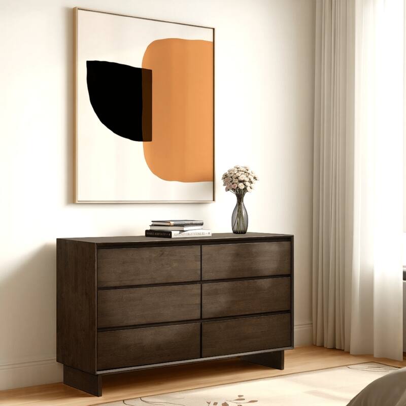 Genu Wide Dresser, 6 Drawers w Fingertip Handles, Warm Walnut Brown