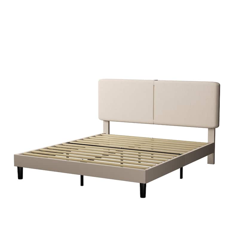 VECELO Adjustable Upholstered Split Headboard Bed Frame with Charging Station USB Port Type C No Box Spring Needed Noiseless Bed