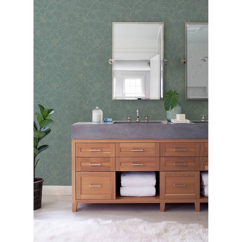 A-Street Prints Gardena Sea Green Embroidered Floral Wallpaper