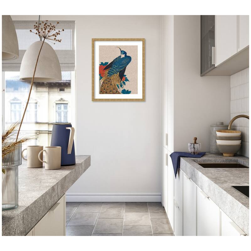 Kate and Laurel Framed Art Peacock and Peonies 1840 Utagawa Hiroshige Neutral Linen by The Art Institute of Chicago