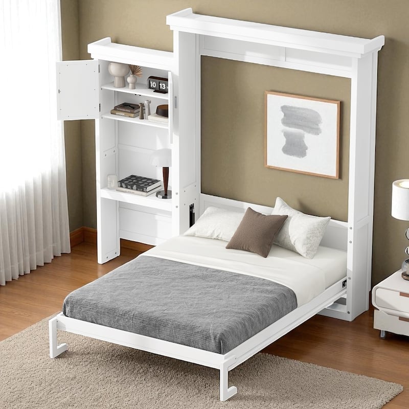 Queen Murphy Wall Bed with Storage Shelves, Louvered Design, Solid Pine/MDF, 600 lb Capacity, 8-10 in Mattress