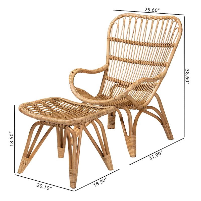 Earvin Modern Bohemian Natural Brown Rattan 2-Piece Armchair and Footstool Set