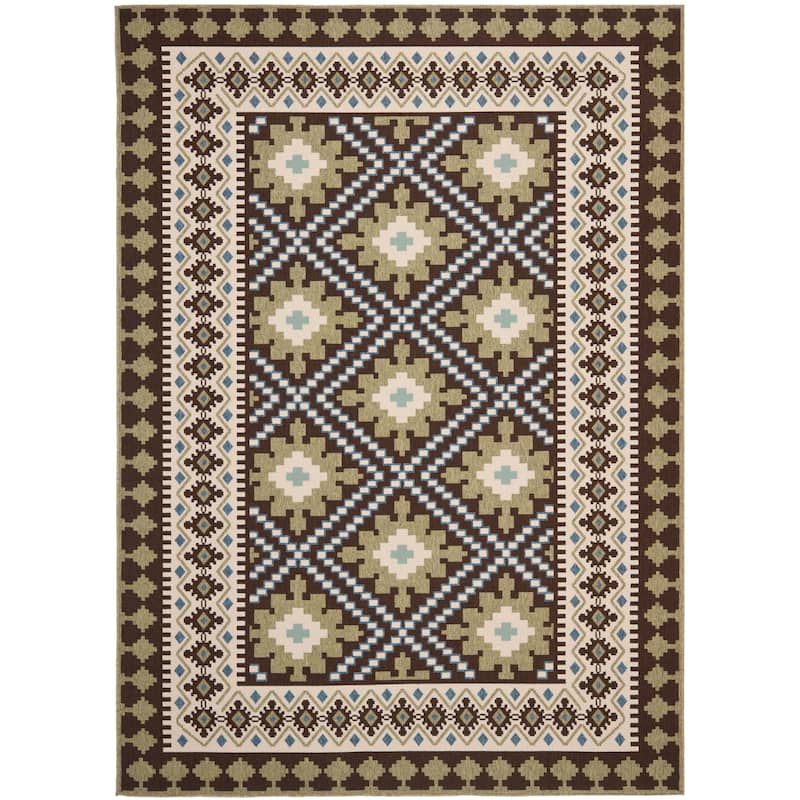 SAFAVIEH Veranda Eyvor Indoor/ Outdoor Waterproof Patio Backyard Rug - 6'7" Square - Chocolate/Green