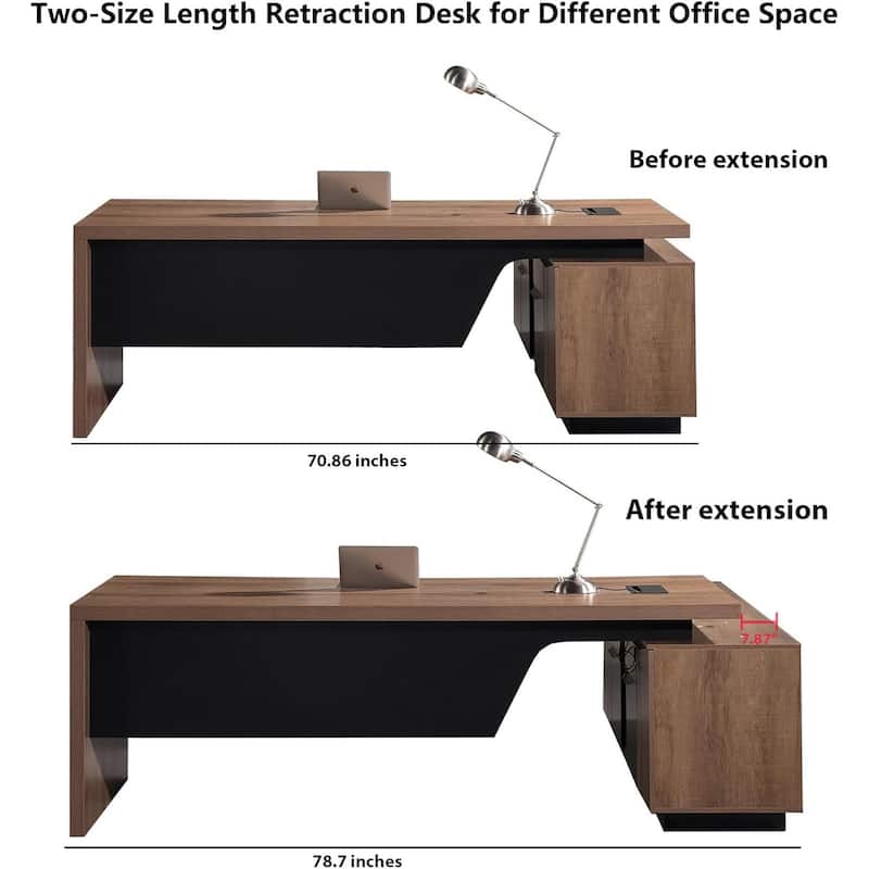 WESOME Retractable L-Shaped Executive Desk with Cable Management Drawers and Lateral File Cabinet