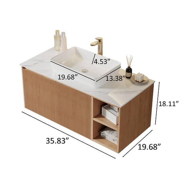 dimension image slide 0 of 2, 36'' Single Bathroom Vanity with Glossy Sintered Stone Top, Light Wood & Dark Wood