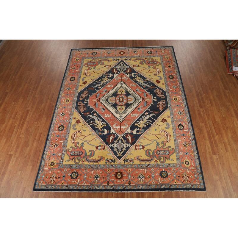 Vegetable Dye Geometric Heriz Oriental Area Rug Handmade Wool Carpet - 9'0" x 11'11"