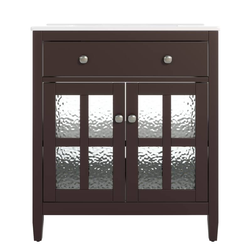 30" Storage Cabinet with Glass Doors, Bathroom Vanity with Ceramic Sink, Adjustable Shelf, Tip-Out Tray and Silver Metal Knobs