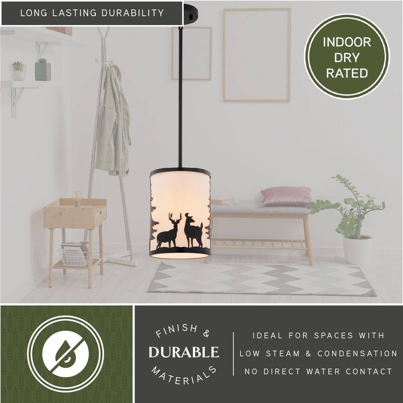 Acadia Bronze Rustic Mini Pendant Ceiling Light White Linen Shade Deer and Tree - 7.5-in W x 23-in H x 7.5-in D