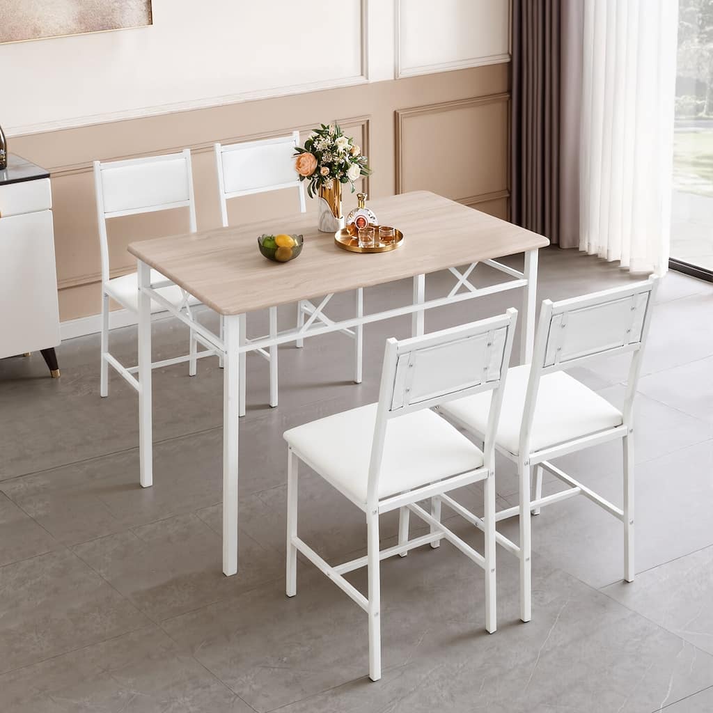 Javlergo 5-Piece White Frame Dining Set with Oak MDF Top PU Leather Chairs with Foam Padding Space Saving for Small Spaces
