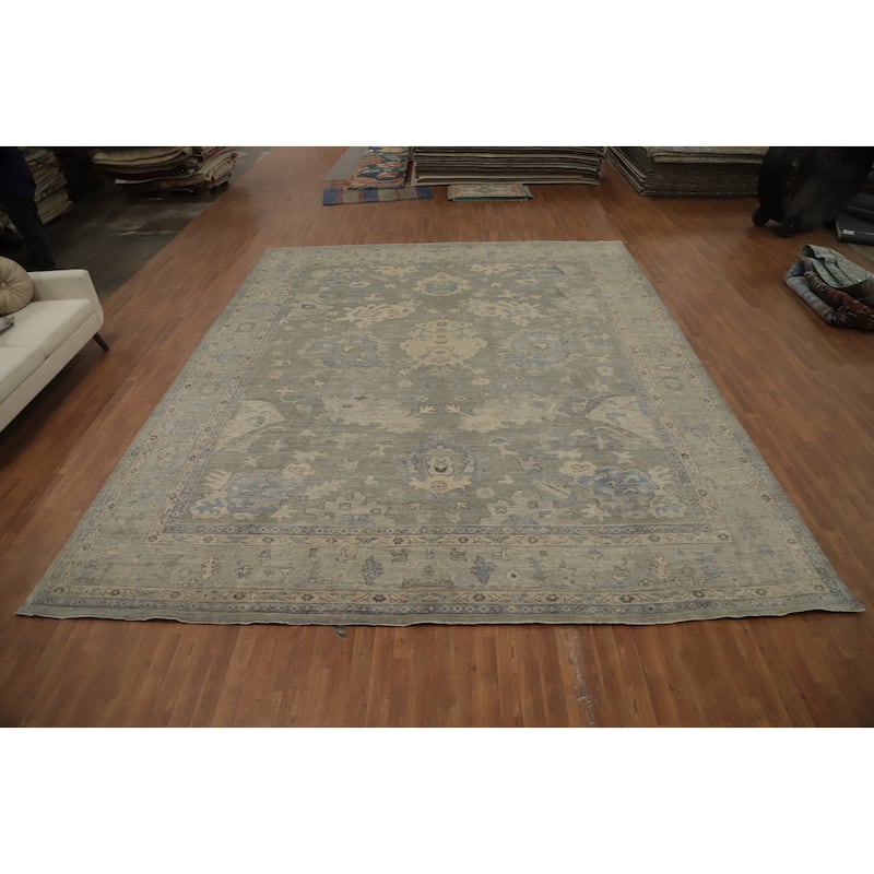 Hand Knotted Oriental 100% Wool Carpet Transitional All-Over Greys & Charcoal Oushak Area Rug - 15' 0'' X 12' 2''