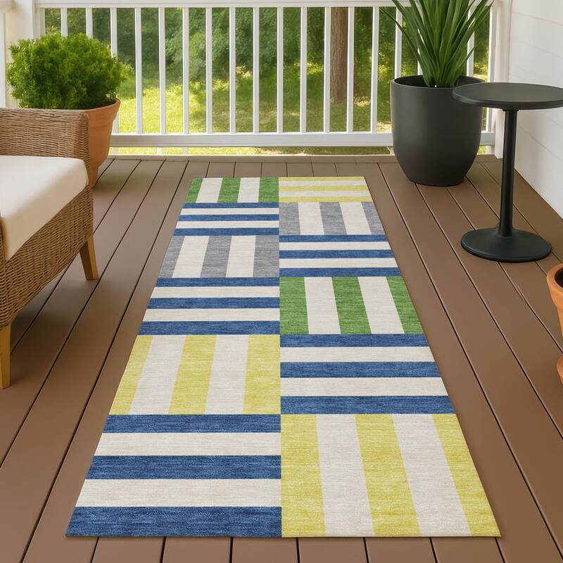Machine Washable Indoor/ Outdoor Modern Hatch Chantille Rug - Blue - 2'3" x 7'6"