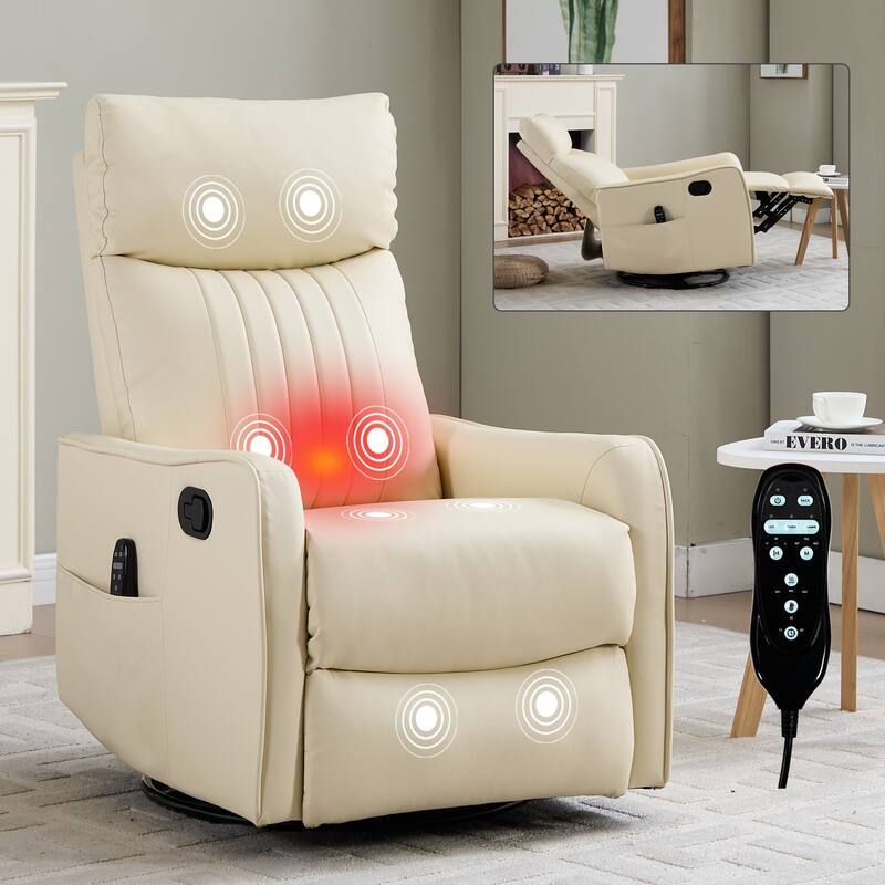 Heat Massage Manual Recliner Chair with Rocker and Swivel in Faux Leather for Living Room - Beige