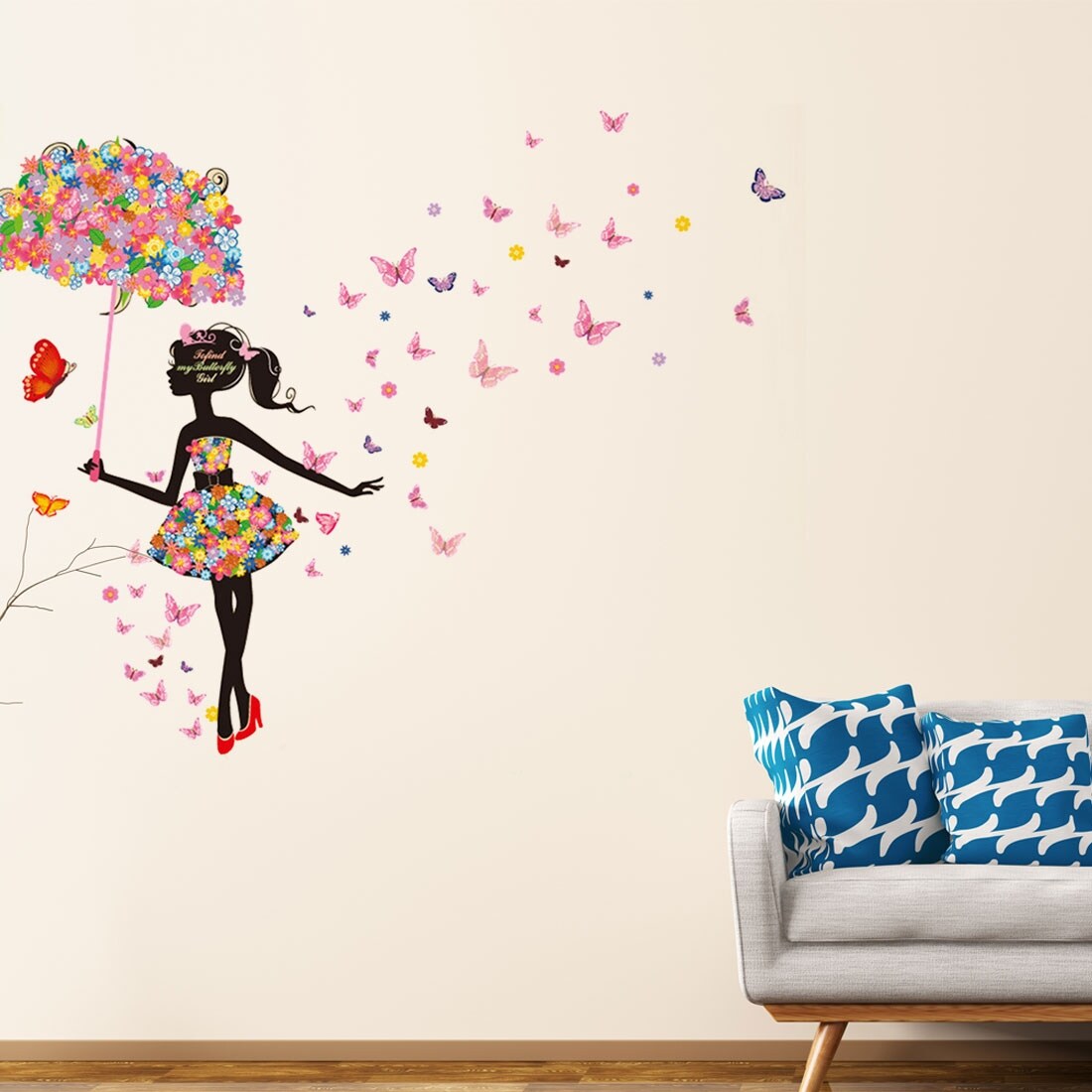 umbrella butterfly flower girl removable vinyl diy wall art sticker 35 4 x23 6