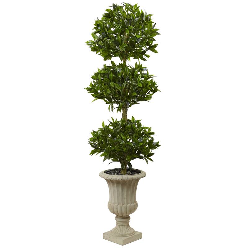 Artificial Topiary Tree Triple Bay Leaf Indoor Outdoor Decor Urn Planter - Green