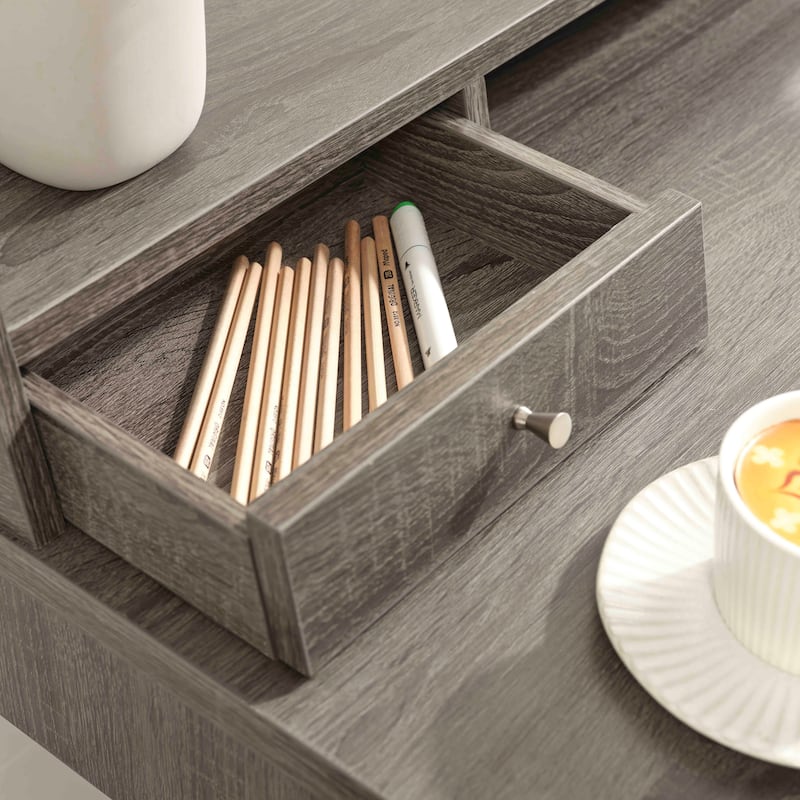 L-Shaped Workstation Home Office Desk Grey Mini Hutch Return Credenza Sliding Door Aluminum Metal Hardware