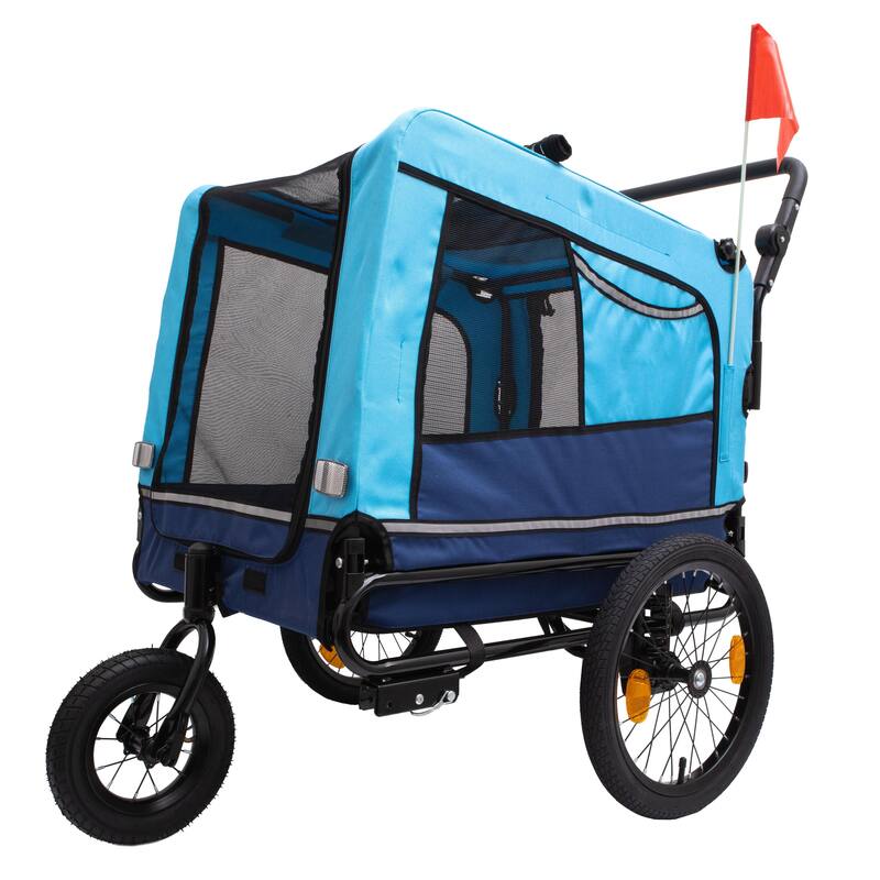 2-in-1 Bike Trailer & Push Cart for Pets, Detachable Bike Hitch & Push Handle Included, Non-Slip Floor, Holds Pets Up to 88 lbs - Blue