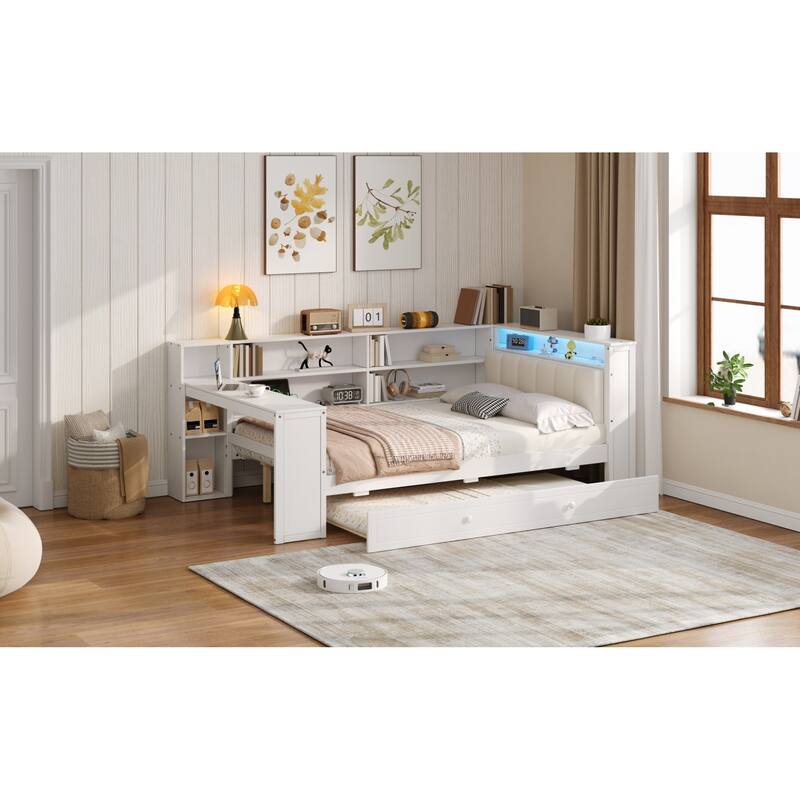 Roomfitters Twin/Full Platform Bed with Trundle, LED Headboard, Charging Station and Storage