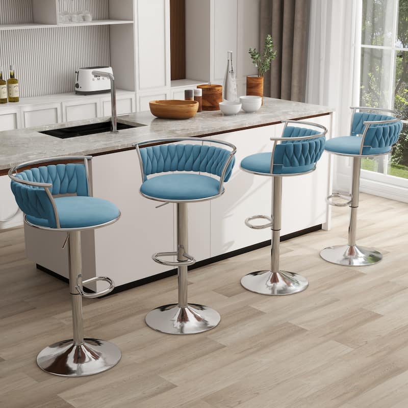 4 Set Modern Velvet Adjustable Swivel Bar Stools with Metal Frame