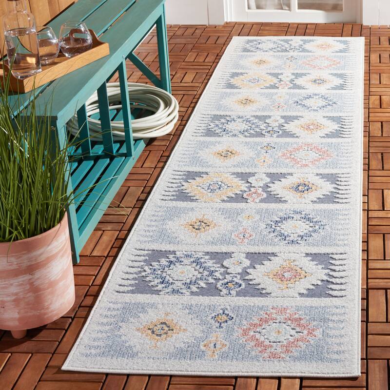 SAFAVIEH Sarasota Yukari Indoor/ Outdoor Waterproof Patio Backyard Rug - 2'3" x 9' Runner - Light Blue/Grey