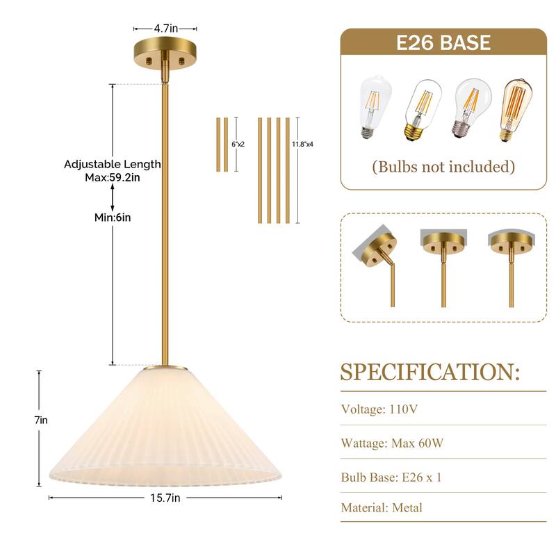 LamQee 1 -Light Metal Cone Pendant Light Adjustable Hanging Lighting - 15.7inch