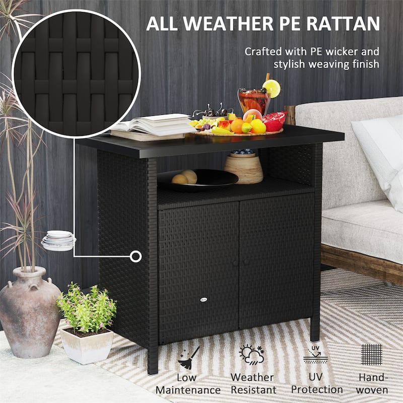 PE Rattan Outdoor Storage Cabinet with Tabletop and Open Shelf - 35.4" L x 20.9" W x 33.5" H