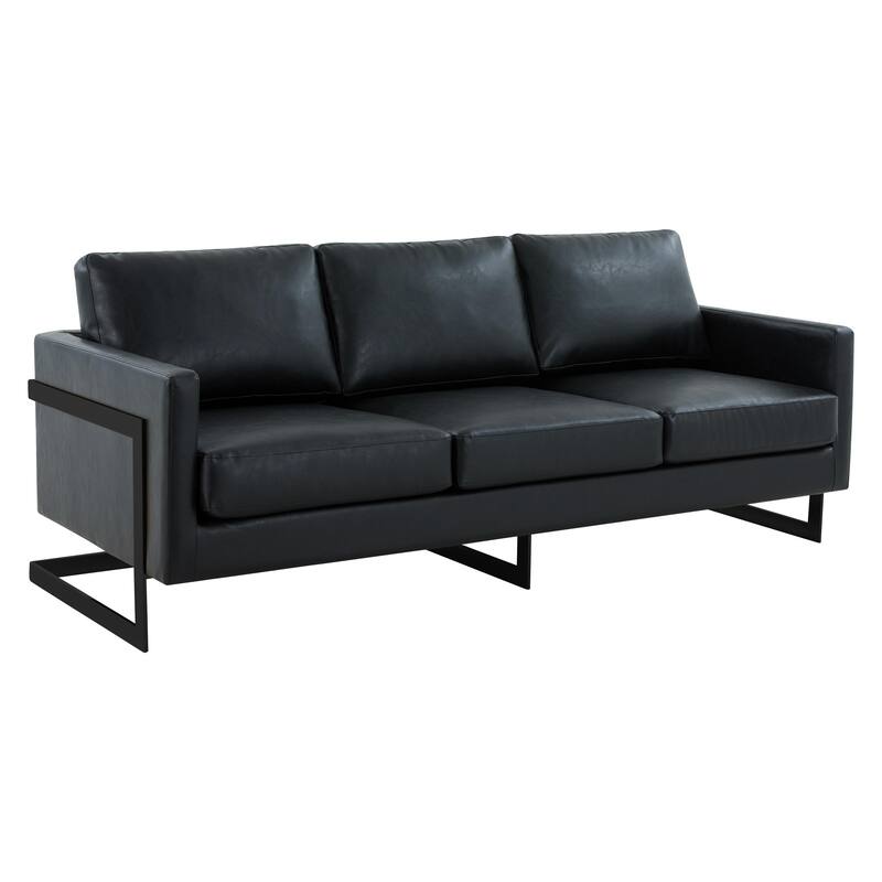 Lincoln Modern Minimalist Leather 3-Seater Sofa Couch w Removable Cushions in Stainless Steel Base for Living Room Bedroom - Black