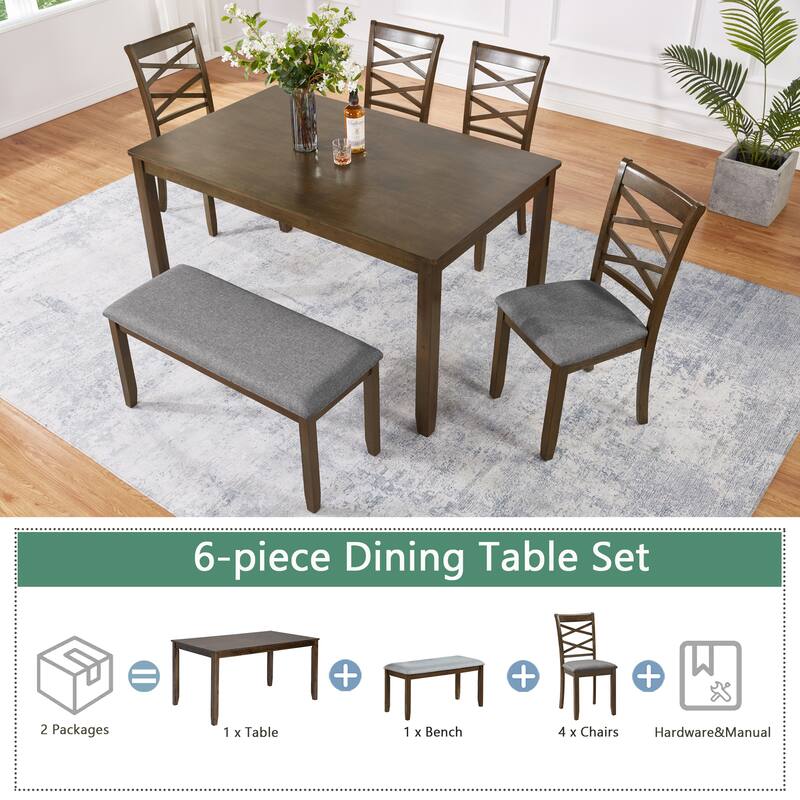 Modern Dining Table Set with 4 Chairs and 1 Bench, for Living Rooms Kitchens Dining Rooms, Walnut Wood Color, 6-Piece Set