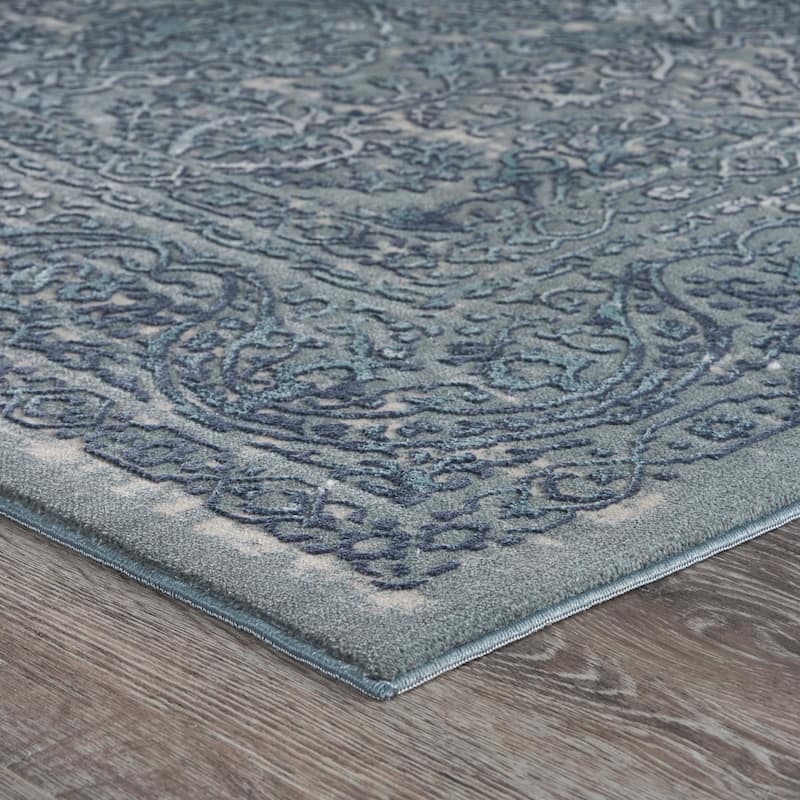 Sevita Carved Transitional Damask Polyester Area Rug, Blue and Silver