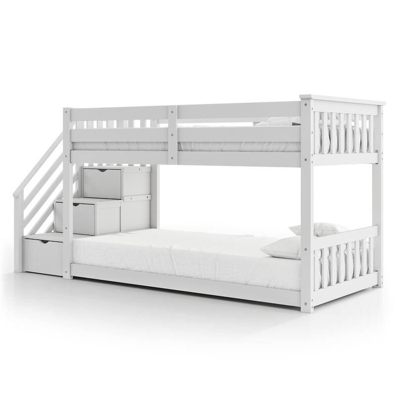 Furniture of America Chalina Modern Pinewood Twin over Twin Low Profile Bunk Bed with 3-Drawer Reversible Storage Staircase