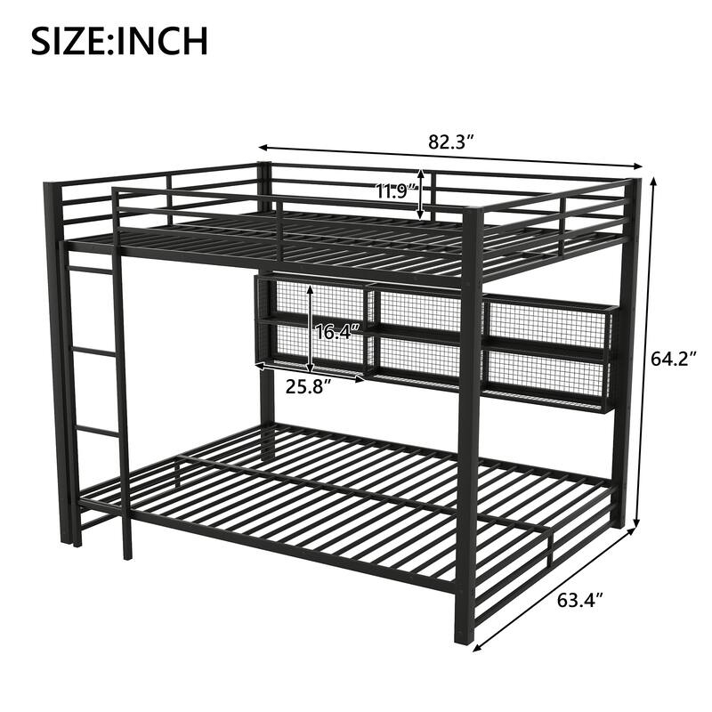 Heavy Duty Metal Queen over Queen Bunk Bed Frame with Storage Shelves, Queen Size LED Bunkbed Frame, Metal Slat Support