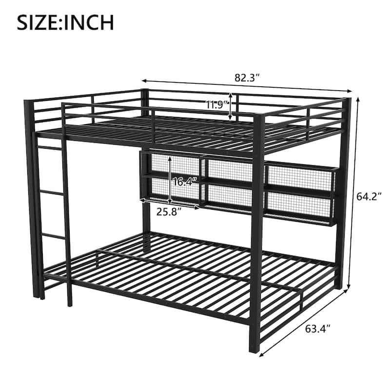 Metal Queen over Queen Bunk Bed with 6 Storage Cabinets, Guardrails, and 7-Color LED Light