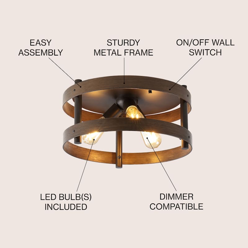Paulina 16" 3-Light Farmhouse Industrial Iron LED Flush Mount, Brown Wood Finished/Oil Rubbed Bronze by JONATHAN Y