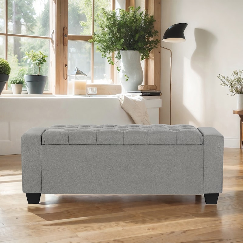 Adeco Rectangle Storage Ottoman Bench for Living Room, Bedroom - Light Grey-18.5"H
