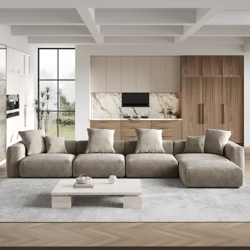 181''Oversized Corduroy Sectional Sofa Couch with Ottoman, L Shaped Convertible Couch Deep Seat Couches for Modern Living Room - Brown