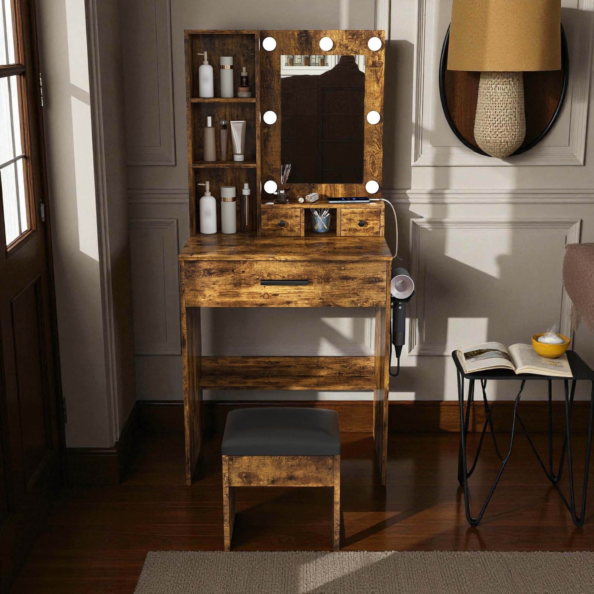 Vanity Table with Mirror and LED Lights, Power Outlet, Hair Dryer Holder, Drawer Storage and Cushioned Stool for Small Bedrooms