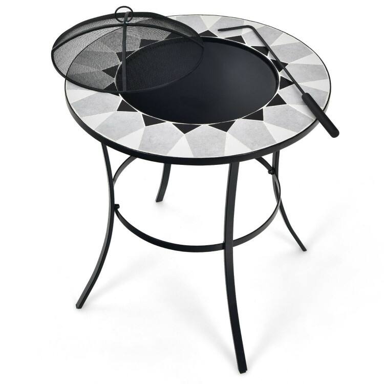 25.5 Inches Round Fire Pit Table with Mesh Cover and Fire Poker - 25.5" x 25.5" x 27.5" (L x W x H)