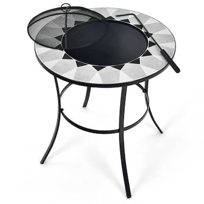 25.5 Inches Round Fire Pit Table with Mesh Cover and Fire Poker - 25.5" x 25.5" x 27.5" (L x W x H)