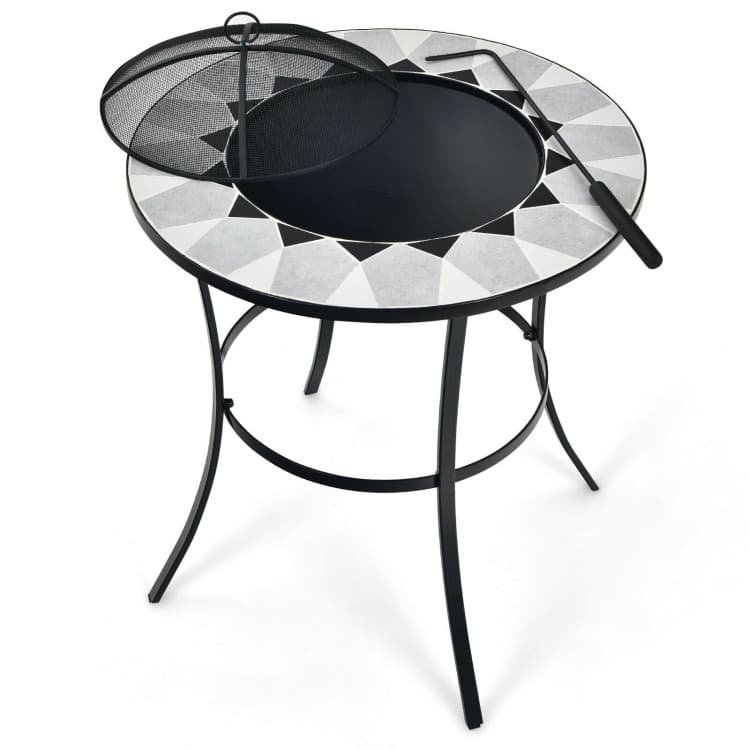 25.5 Inches Round Fire Pit Table with Mesh Cover and Fire Poker - 25.5" x 25.5" x 27.5" (L x W x H)