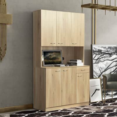 6-Doors Wardrobe Armoires / Kitchen Cabinet with Shelves & Drawer, Oak