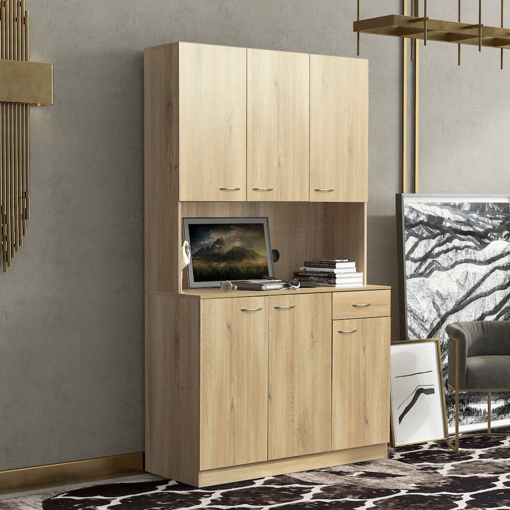 6-Doors Wardrobe Armoires / Kitchen Cabinet with Shelves & Drawer, Oak