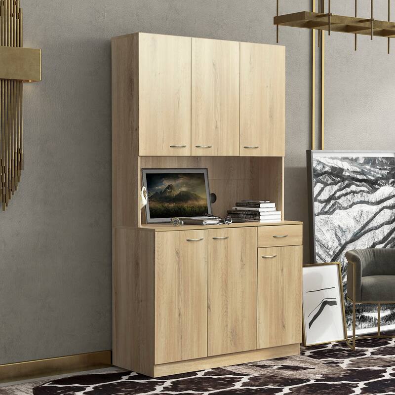 Modern Tall Cabinet with 6 Doors, 1 Open Shelf and 1 Drawer for Bedroom, Kitchen