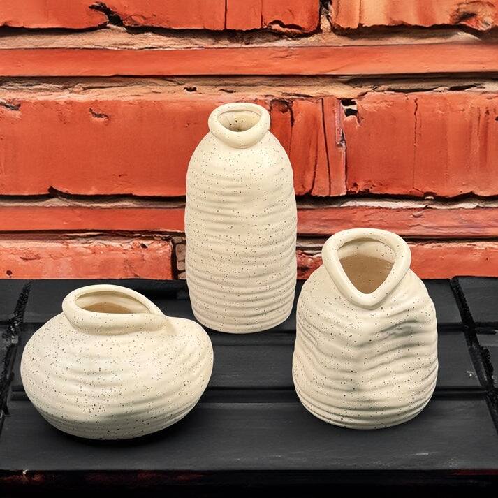 Cream Ceramic Vase Set of Three with Speckled Finish and Modern Design