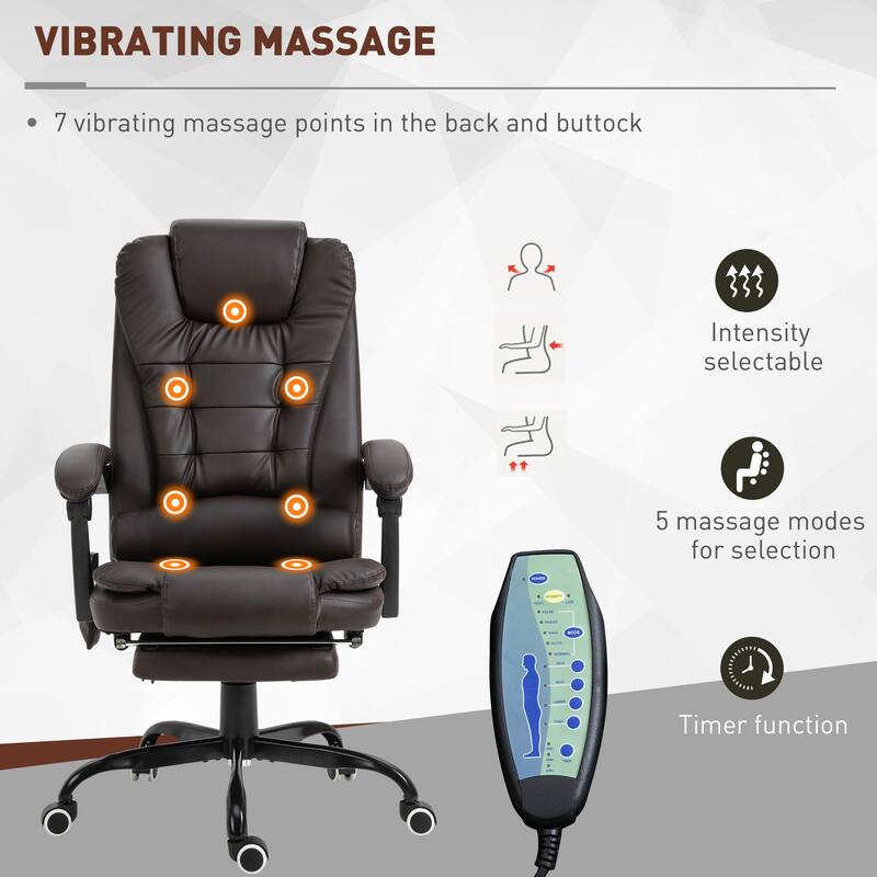 Brown PU Leather 360° Swivel Office Recliner with 7-Point Vibrating Massage, Footrest, Lumbar Support, Adjustable Height