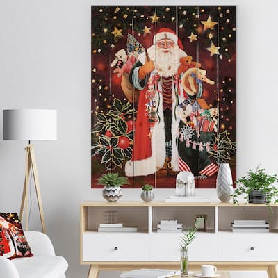 Designart 'Happy Santa Claus Magic of Christmas' Print on Natural Pine Wood - Red