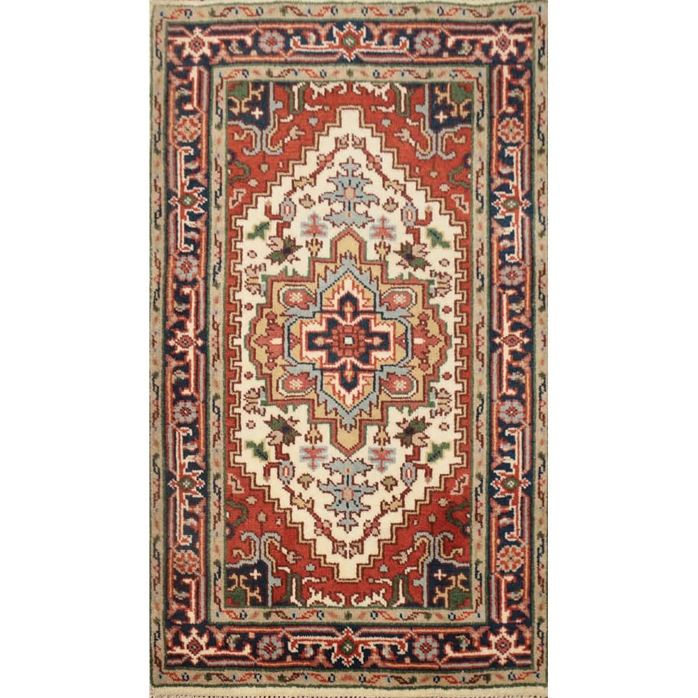 Hand Knotted Oriental 100% Wool Carpet Traditional Medallion Beige & Ivories Heriz (serapi) Area Rug - 5' 0'' X 3' 0''