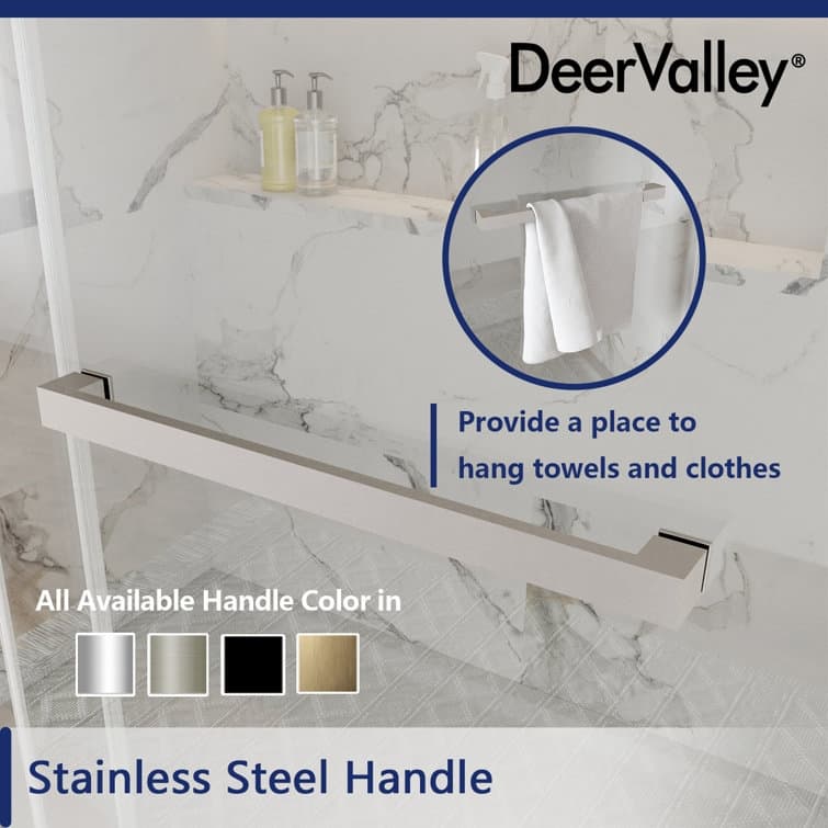 DeerValley 56" - 60" W x 76" H Double Sliding Frameless Shower Enclosure, Stainless Steel Accessories